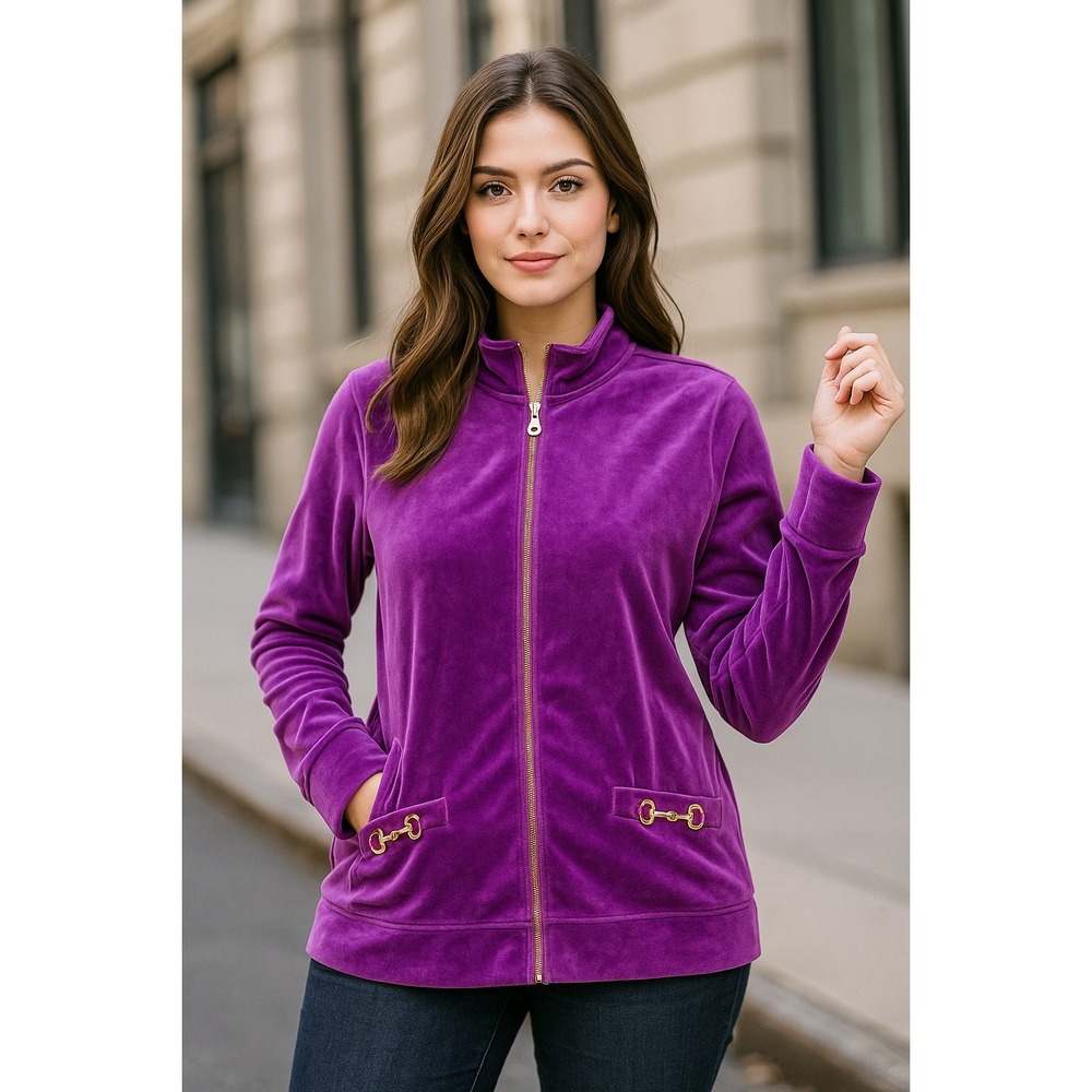 NYL Women's Purple Velour Zip-Up Jacket Size 1X – Elegant & Comfortable Casual